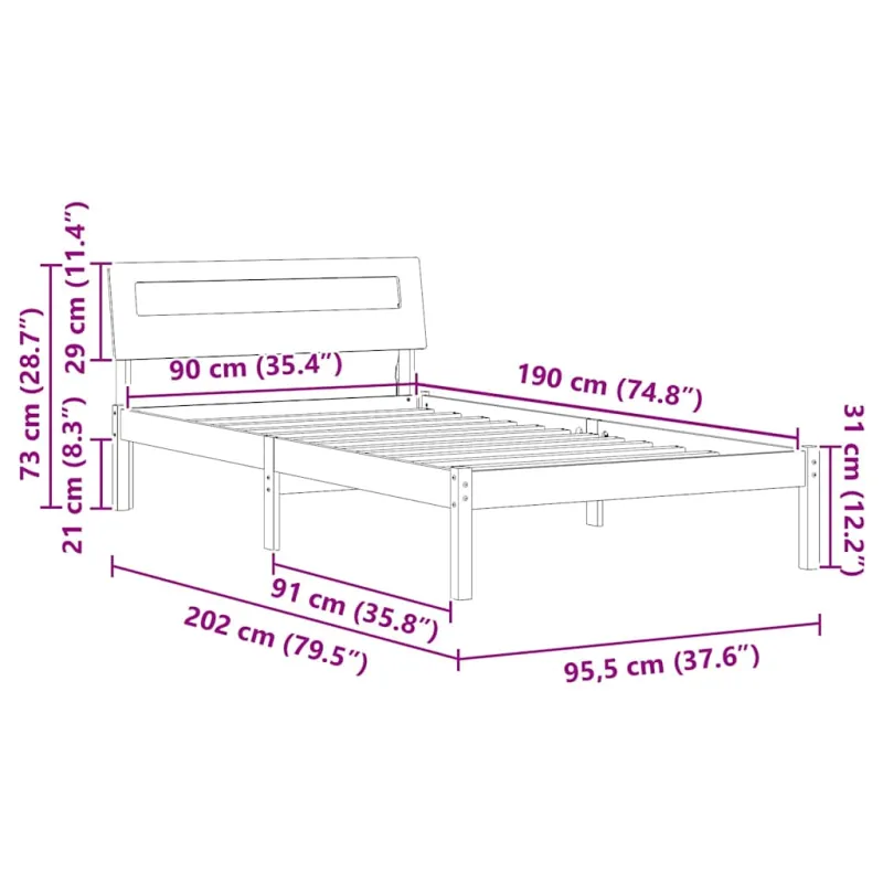 Lovos rėmas Balta 90 x 190 cm Kietos pušies mediena