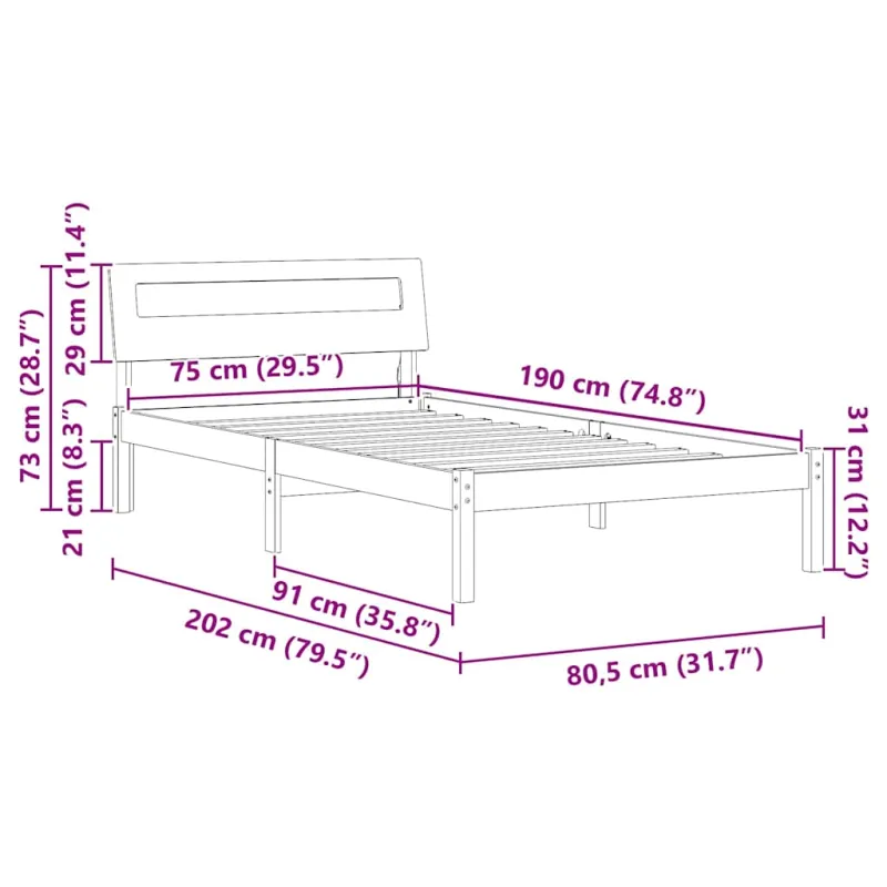 Lovos rėmas Ruda 75 x 190 cm Kietos pušies mediena