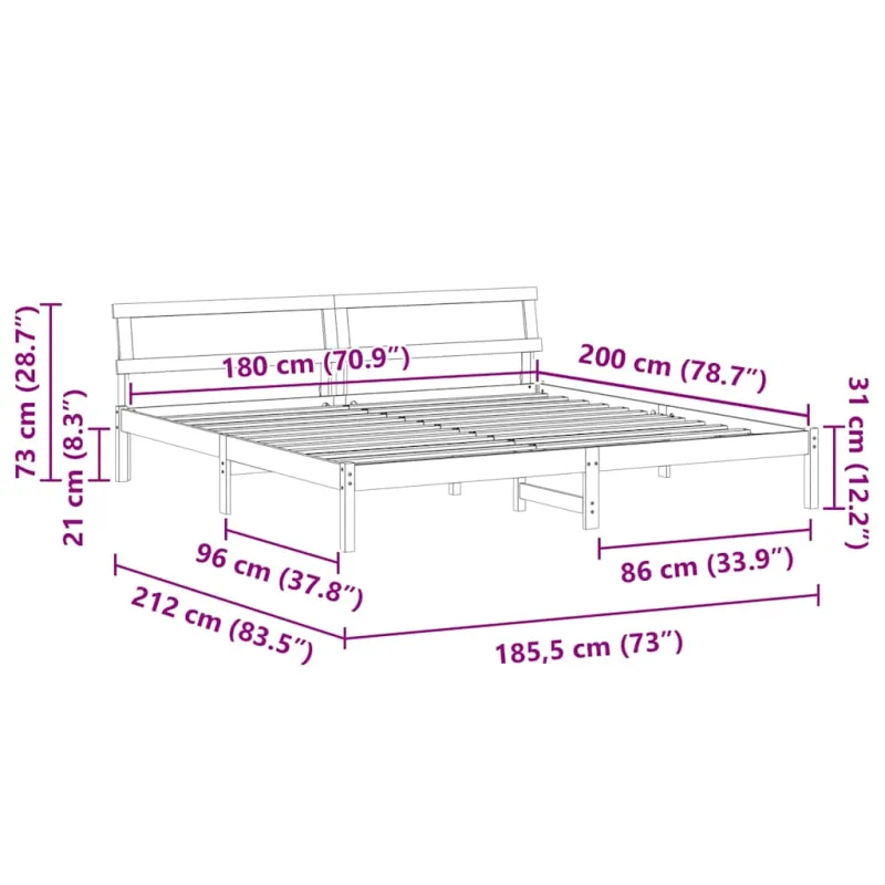 Lovos rėmas Balta 180 x 200 cm Kietos pušies mediena