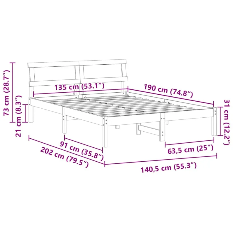 Lovos rėmas Balta 135 x 190 cm Kietos pušies mediena