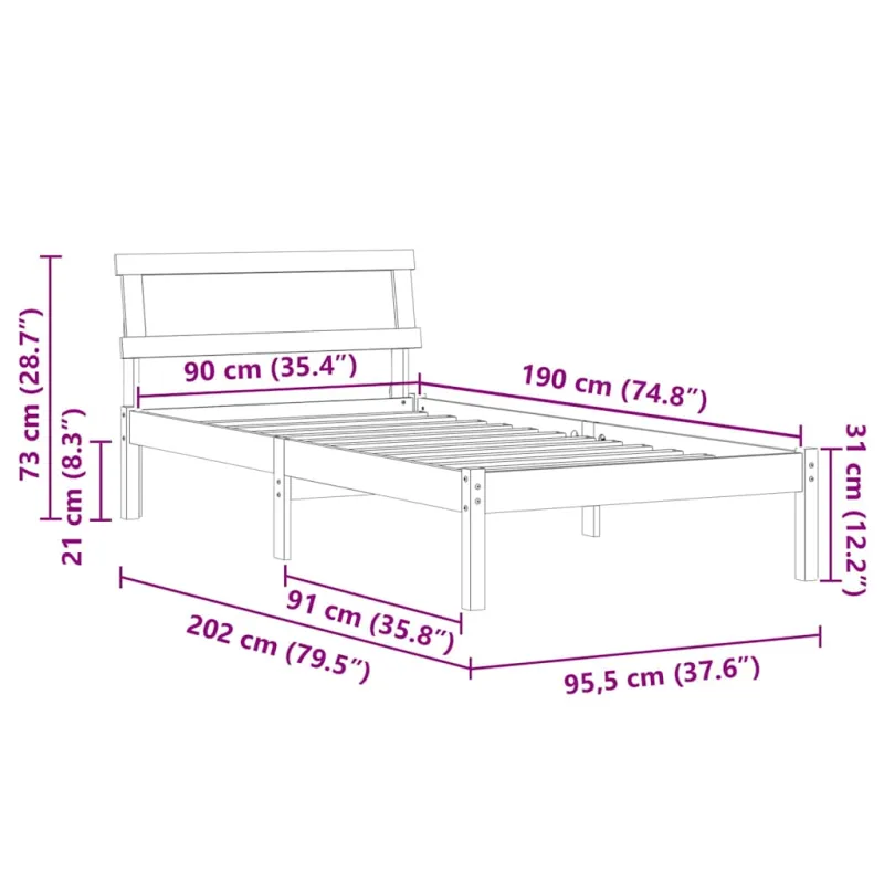 Lovos rėmas Vaško ruda 90 x 190 cm Kietos pušies mediena