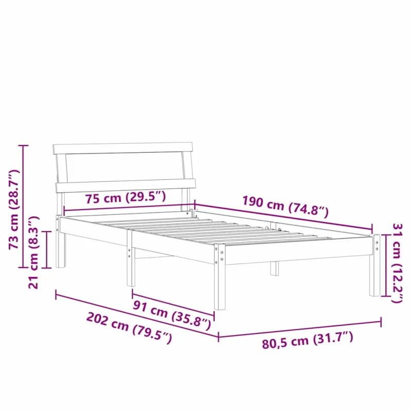 Lovos rėmas Ruda 75 x 190 cm Kietos pušies mediena