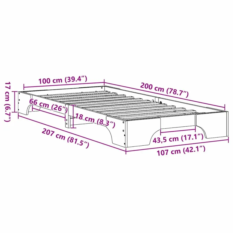 Lovos rėmas Natūrali 100 x 200 cm Kietos pušies mediena