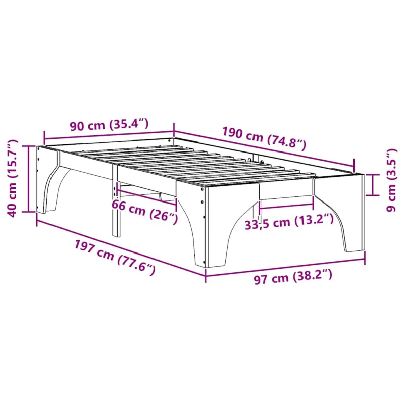 Lovos rėmas Ruda 90 x 190 cm Kietos pušies mediena