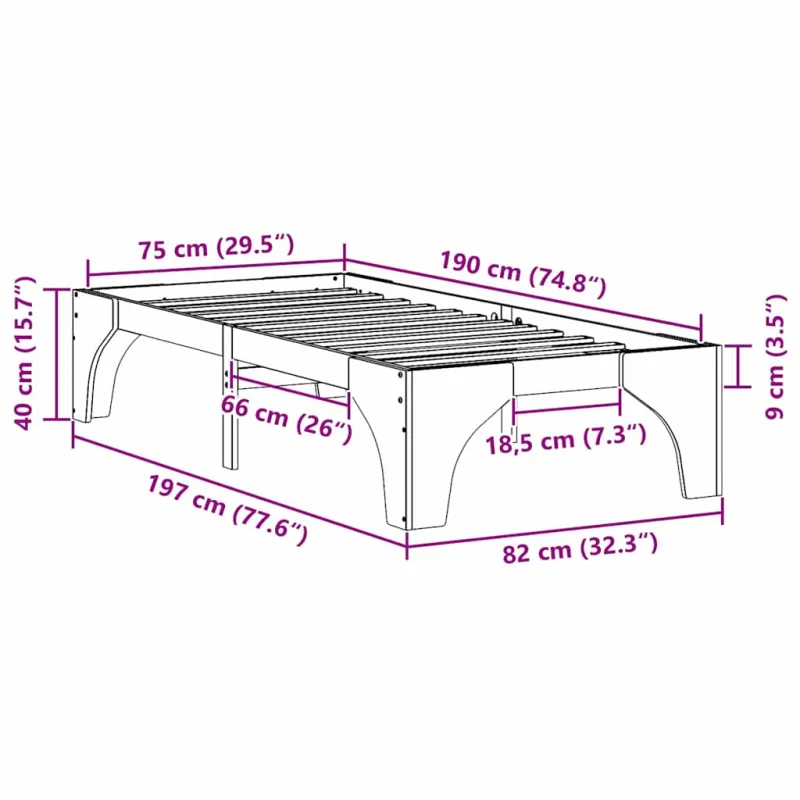 Lovos rėmas Balta 75 x 190 cm Kietos pušies mediena
