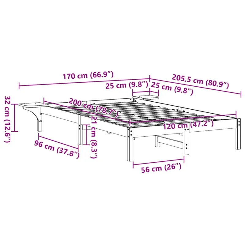 Lovos rėmas Natūrali 120 x 200 cm Kietos pušies mediena