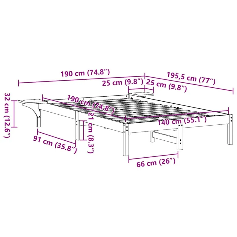 Lovos rėmas Natūrali 140 x 190 cm Kietos pušies mediena