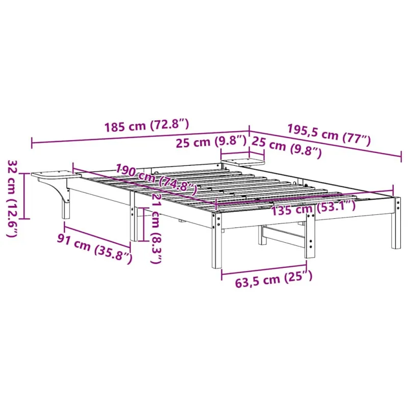 Lovos rėmas Natūrali 135 x 190 cm Kietos pušies mediena