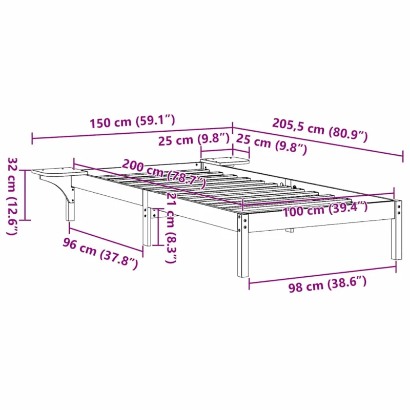 Lovos rėmas Balta 100 x 200 cm Kietos pušies mediena