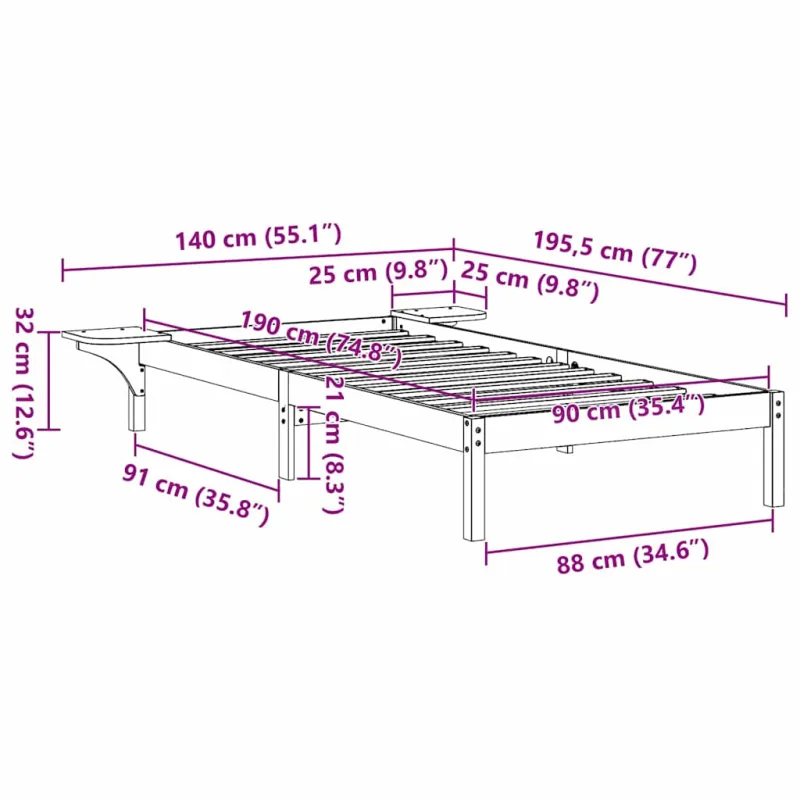 Lovos rėmas Natūrali 90 x 190 cm Kietos pušies mediena