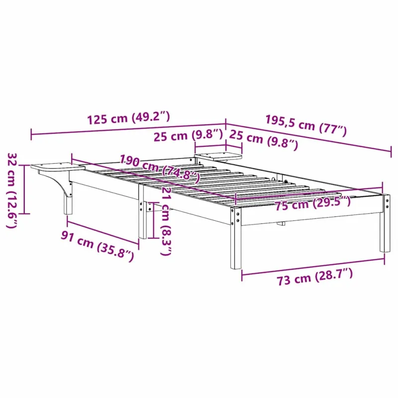 Lovos rėmas Natūrali 75 x 190 cm Kietos pušies mediena