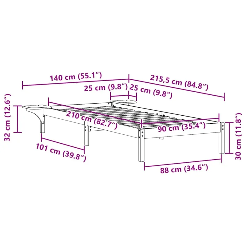 Lovos rėmas su šoninėmis stalelėmis Vaško ruda 90 x 210 cm