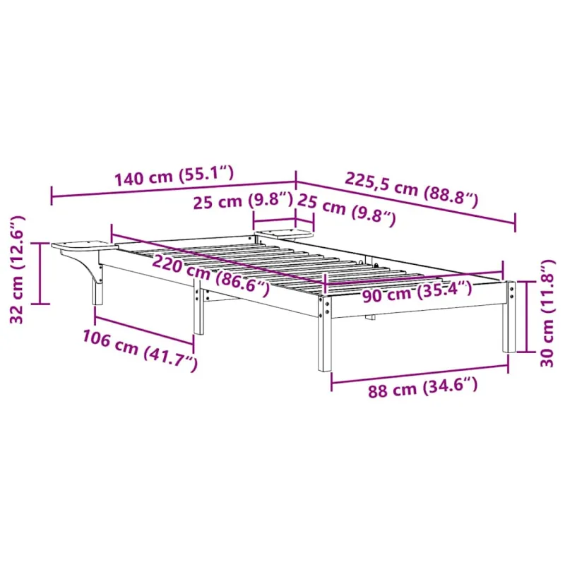 Lovos rėmas su šoninėmis stalelėmis Vaško ruda 90 x 220 cm