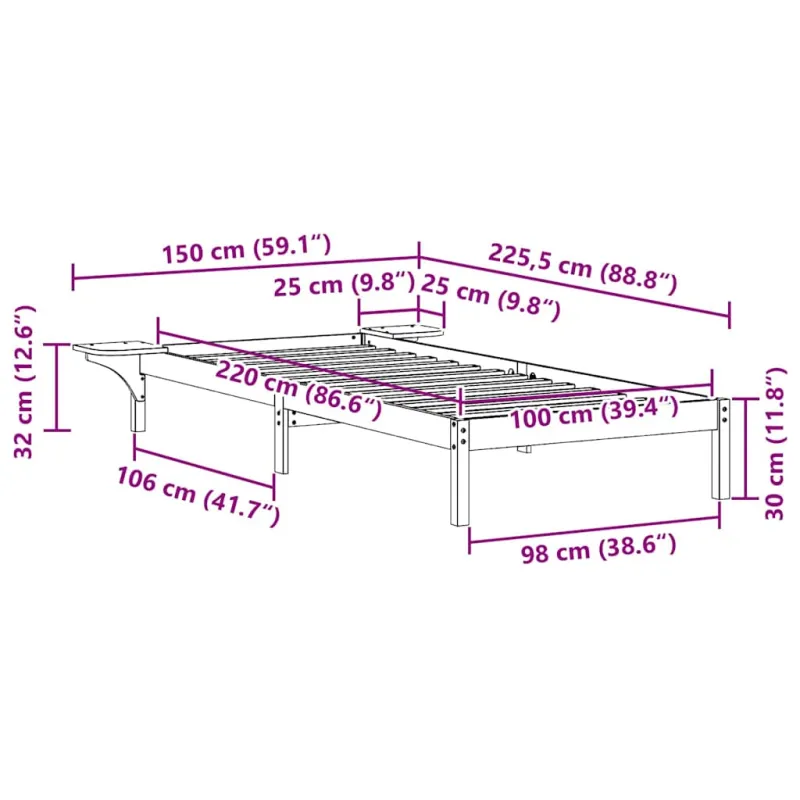 Lovos rėmas su šoninėmis stalelėmis Vaško ruda 100 x 220 cm