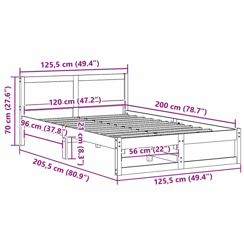 Lovos rėmas Natūrali 120 x 200 cm Kietos pušies mediena