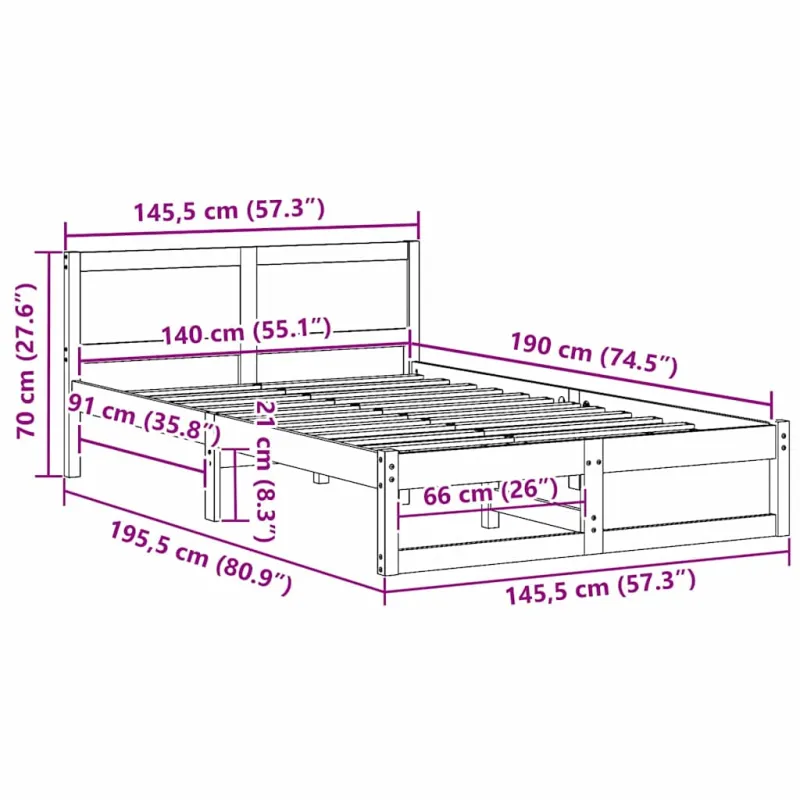 Lovos rėmas Balta 140 x 190 cm Kietos pušies mediena