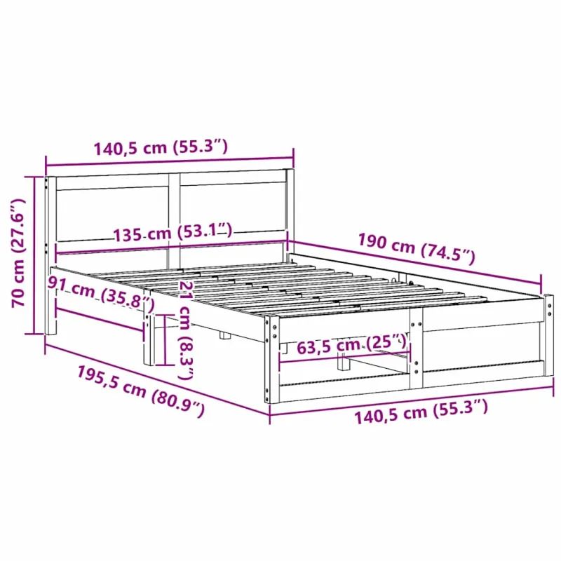 Lovos rėmas Vaško ruda 135 x 190 cm Kietos pušies mediena