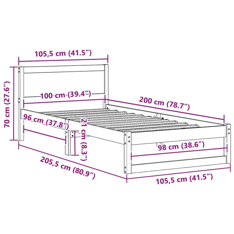 Lovos rėmas Balta 100 x 200 cm Kietos pušies mediena