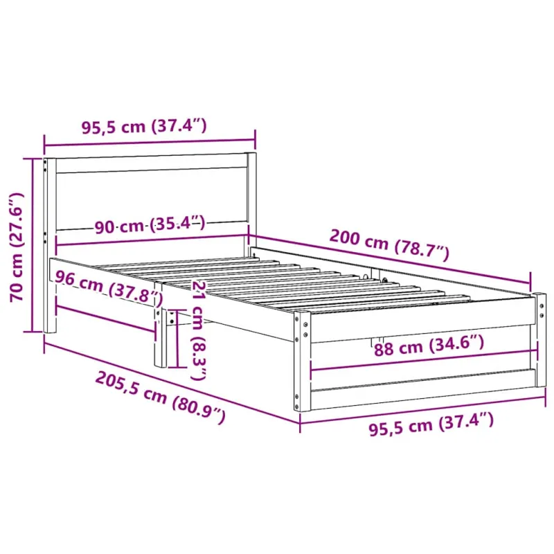 Lovos rėmas Balta 90 x 200 cm Kietos pušies mediena