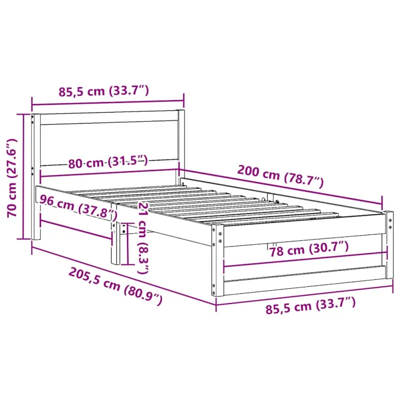 Lovos rėmas Natūrali 80 x 200 cm Kietos pušies mediena