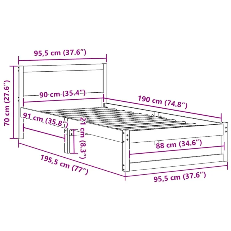 Lovos rėmas Vaško ruda 90 x 190 cm Kietos pušies mediena