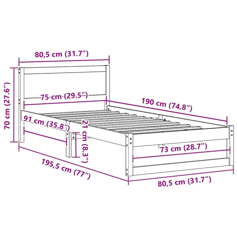 Lovos rėmas Vaško ruda 75 x 190 cm Kietos pušies mediena