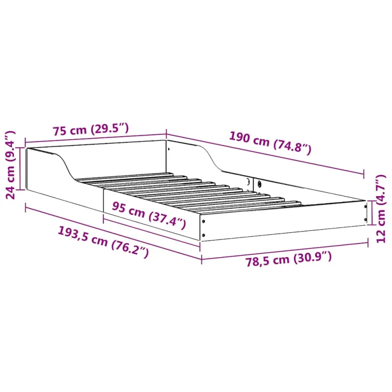 Lovos rėmas Balta 75 x 190 cm Kietos pušies mediena