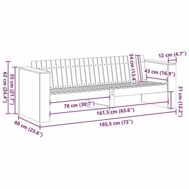 Sodo sofa Natūrali 185,5 x 60 x 62 cm Kietos pušies mediena