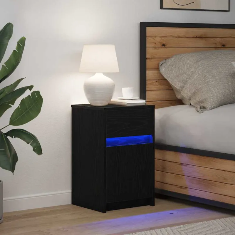 LED naktinis staliukas su spintelėmis su stalčių juoda ąžuolo
