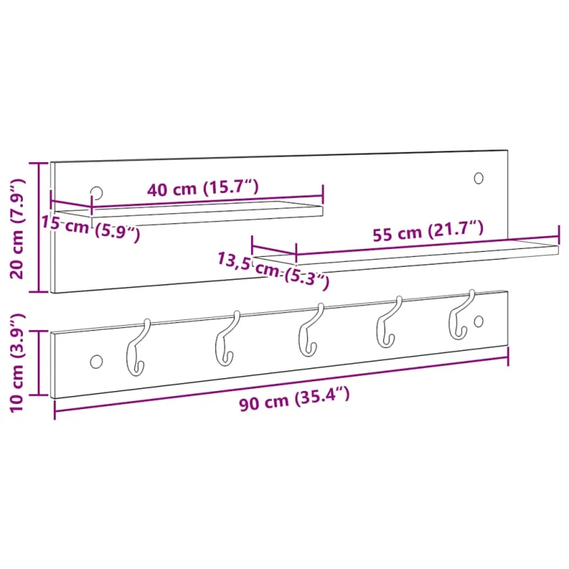 Prikabinamas paltas su lentyna Juodas ąžuolas 90 x 15 x 36 cm