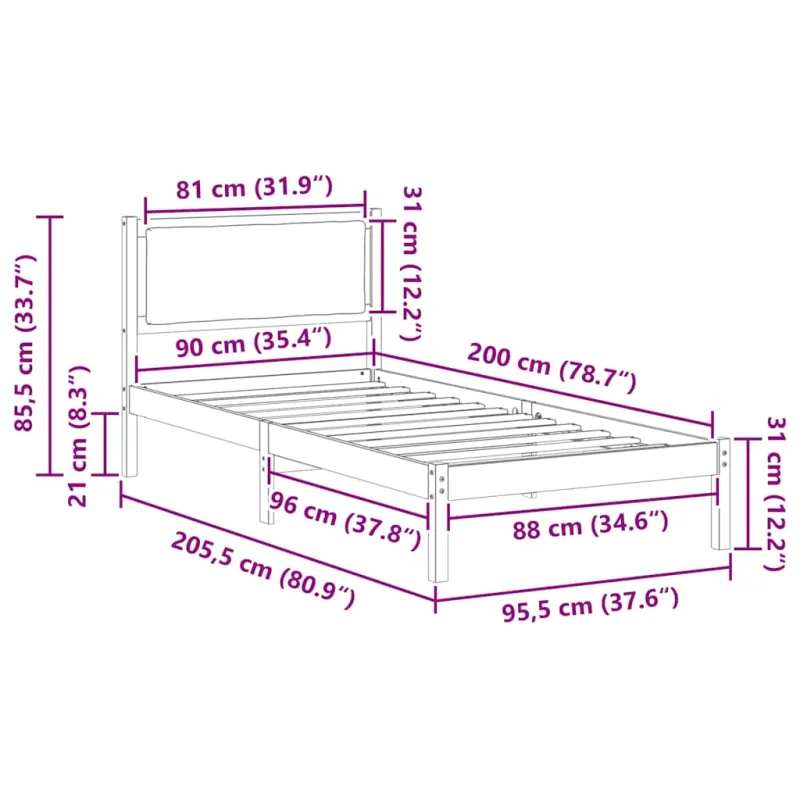 Lovos rėmas Tamsiai pilka 90 x 200 cm Kietos pušies mediena