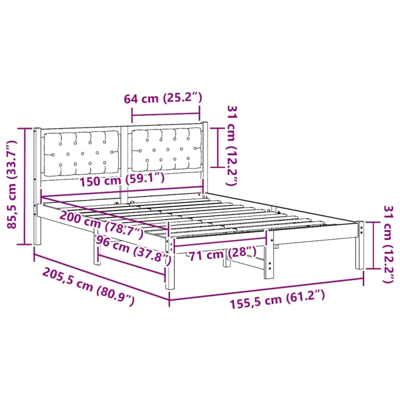 Lovos rėmas Juoda 150 x 200 cm Kietos pušies mediena