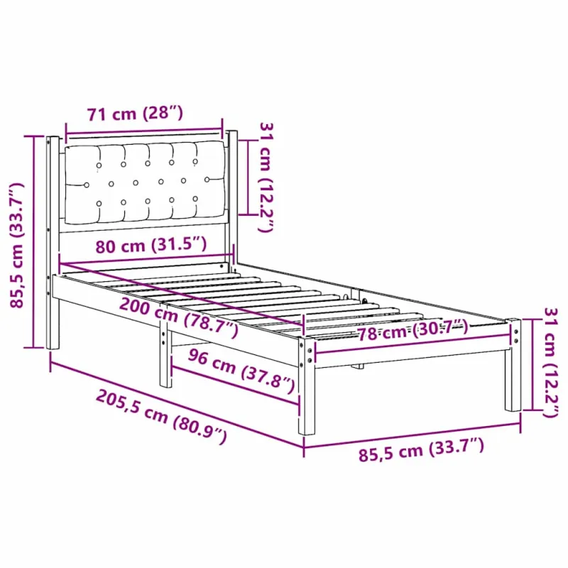 Lovos rėmas Tamsiai pilka 80 x 200 cm Kietos pušies mediena