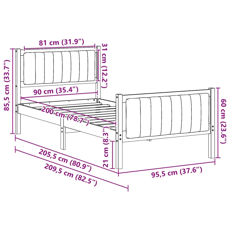 Lovos rėmas ruda ir tamsiai pilka 90 x 200 cm Pušies masyvas