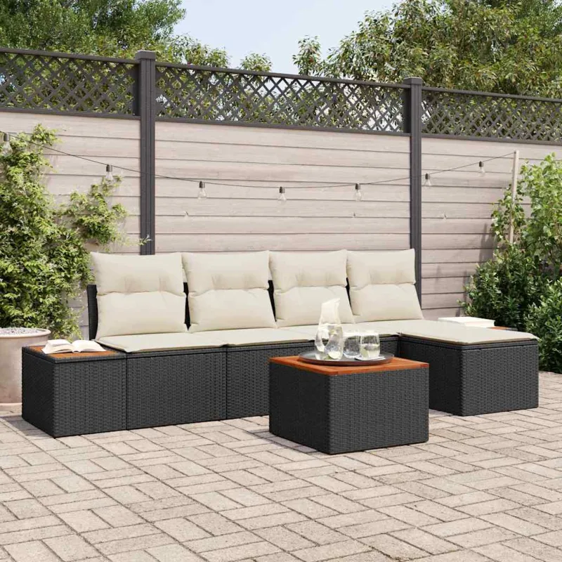 Sodo sohvaryhmä tyynyine, 6 osaa, musta polyrottinki