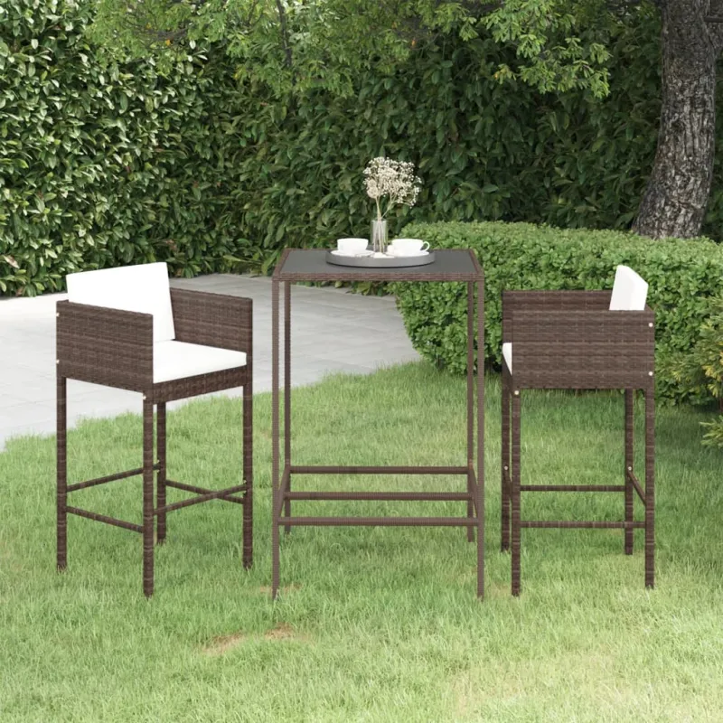 Sohvapöytäsetti tyynyillä, 3-osainen, ruskea, polyrattana