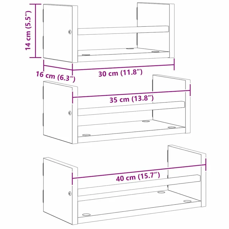 Sieninių lentynų komplektas 3 pcs Amatininkų ąžuolas 40x16x14cm