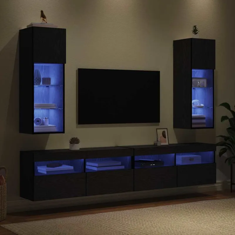 Sieniniai televizorių spintelės su LED 2 pcs Juodas ąžuolas