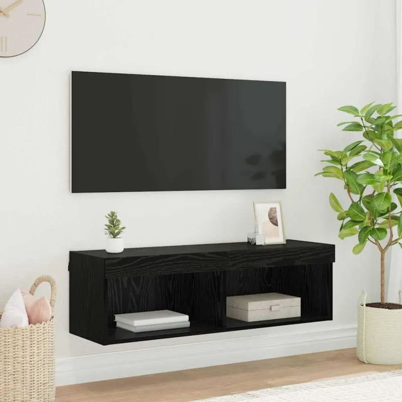 TV sieninė spintelė su LED Juodas ąžuolas 100 x 30 x 30 cm
