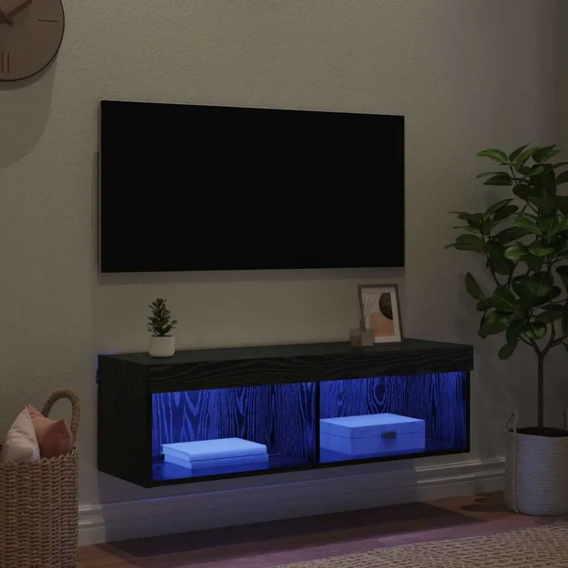 TV sieninė spintelė su LED Juodas ąžuolas 100 x 30 x 30 cm