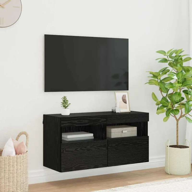 TV sieninė spintelė su LED Juodas ąžuolas 80 x 30 x 40 cm