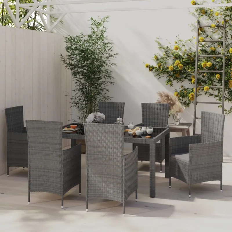 Ulkokalustesarja pehmusteilla, 7 osaa, harmaa, rattan