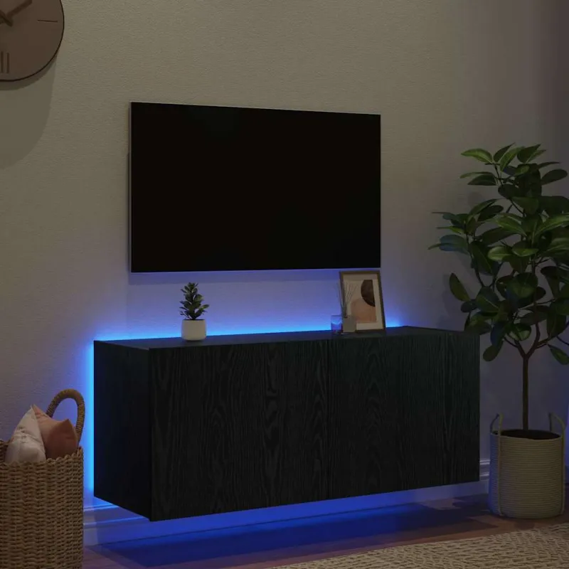 TV sieninė spintelė su LED Juodas ąžuolas 100 x 35 x 41 cm