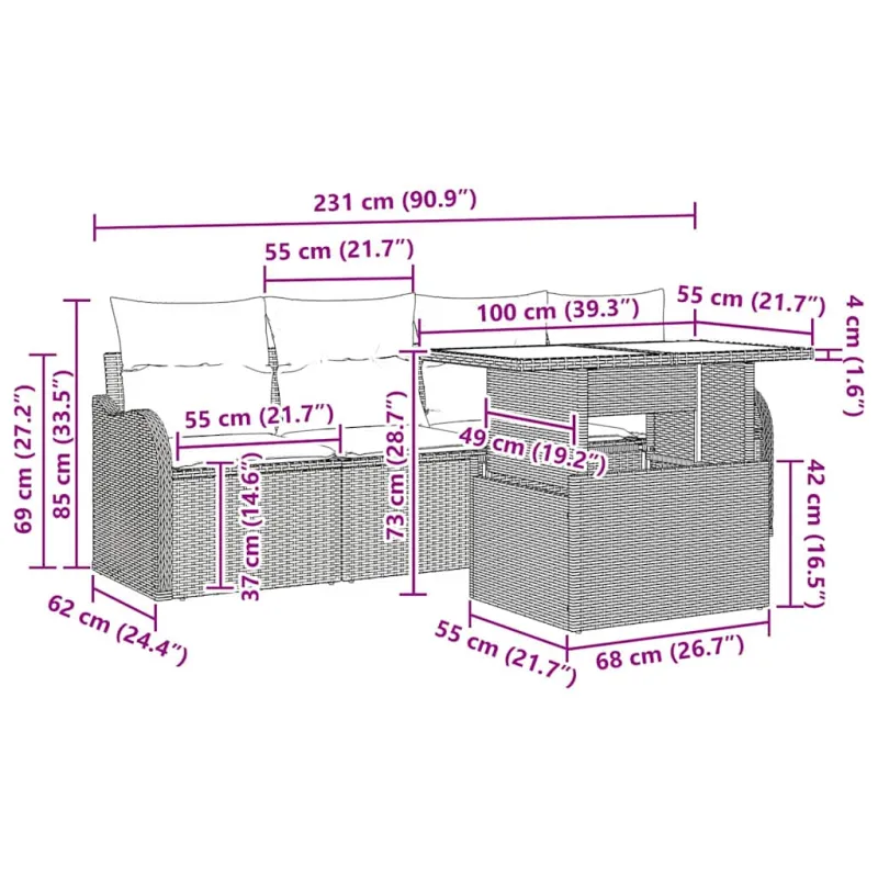 Sodo sohvaryhmä tyynyine, 6 osaa, musta polyratasta