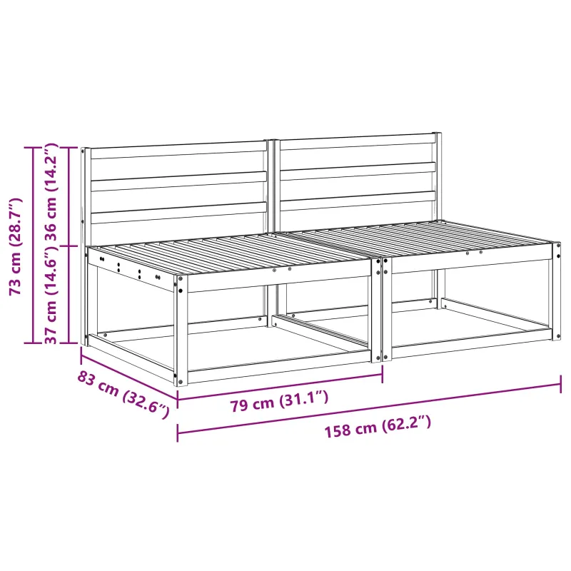 2 Vienetas Lauko Vidurinis Sofa Natūrali 158 x 83 x 73 cm