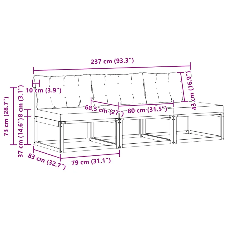 3 Vienetas Lauko Vidurinis Sofa