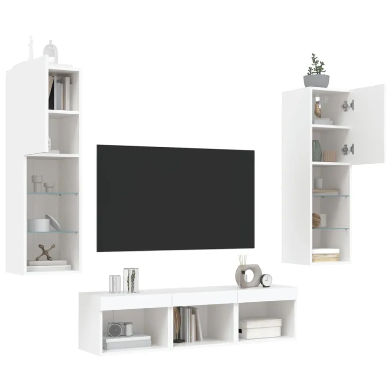 Sieninė TV sekcija su LED, 5 dalių, balta, apdirbta mediena