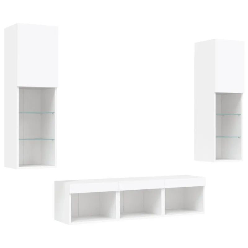 Sieninė TV sekcija su LED, 5 dalių, balta, apdirbta mediena