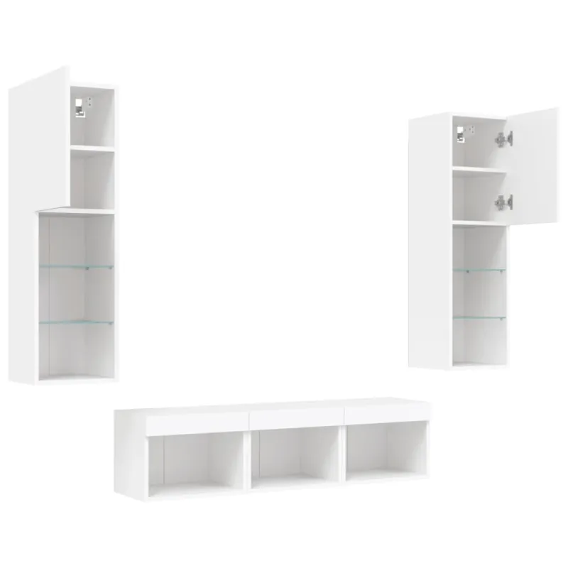 Sieninė TV sekcija su LED, 5 dalių, balta, apdirbta mediena