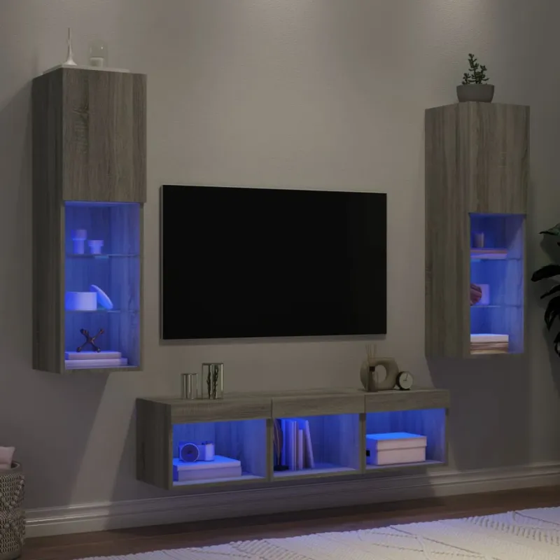 Sieninė TV sekcija su LED, 5 dalių, pilka ąžuolo, mediena